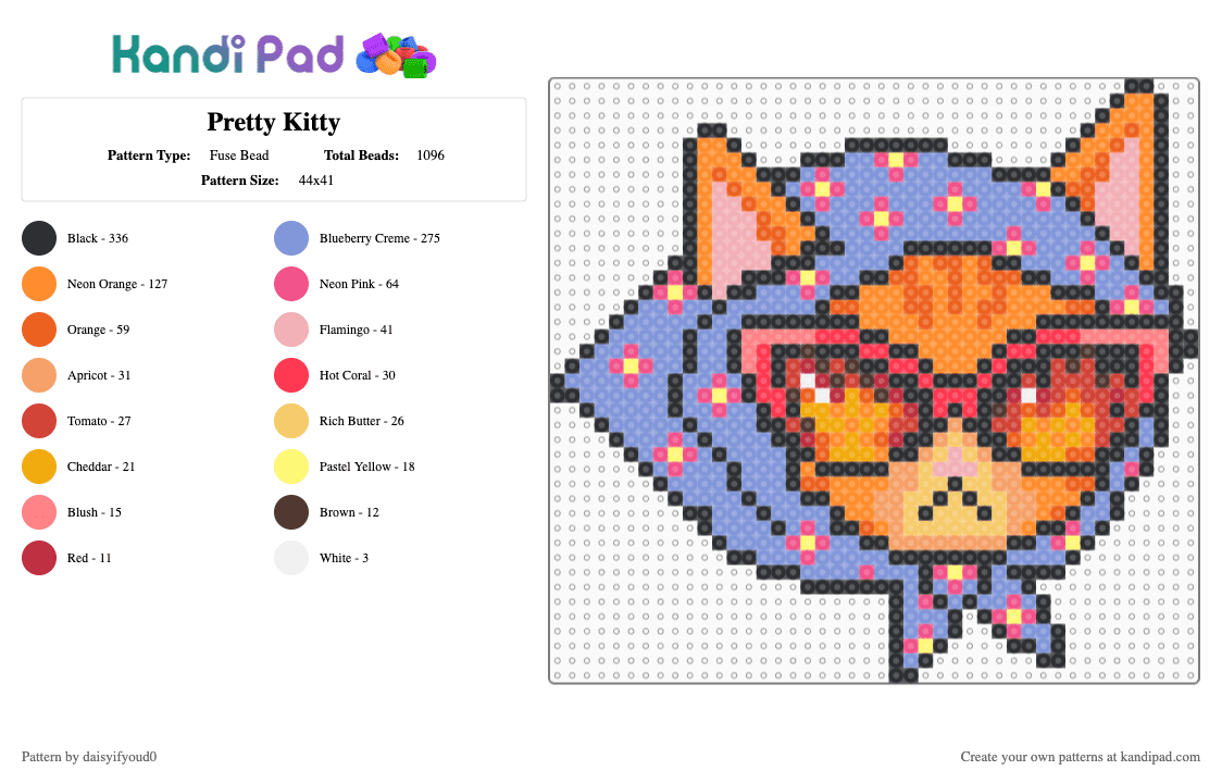 Pretty Kitty - Fuse Bead Pattern by daisyifyoud0 on Kandi Pad - light blue,orange,cat,orange cat,headscarf,fire