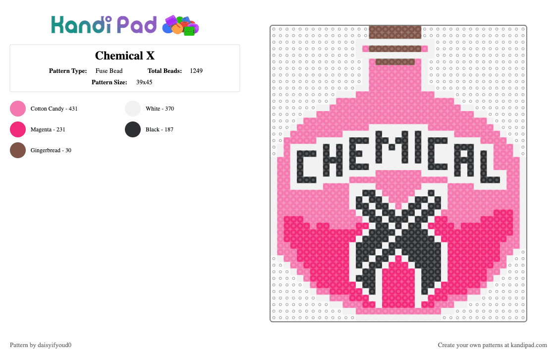 Chemical X - Fuse Bead Pattern by daisyifyoud0 on Kandi Pad - pink,chemical,x,bottle,excision,powerpuff girls
