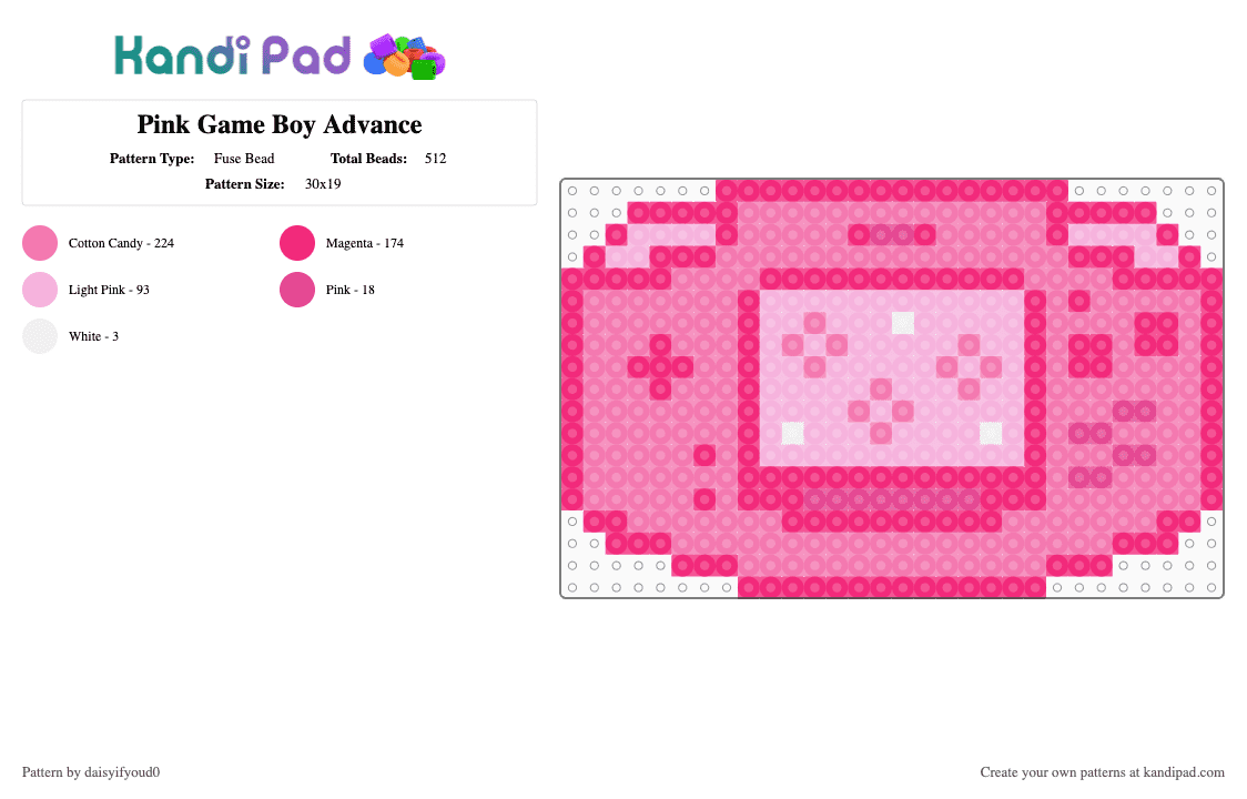 Pink Game Boy Advance - Fuse Bead Pattern by daisyifyoud0 on Kandi Pad - pink,vintage,retro,game boy,video game,aesthetic