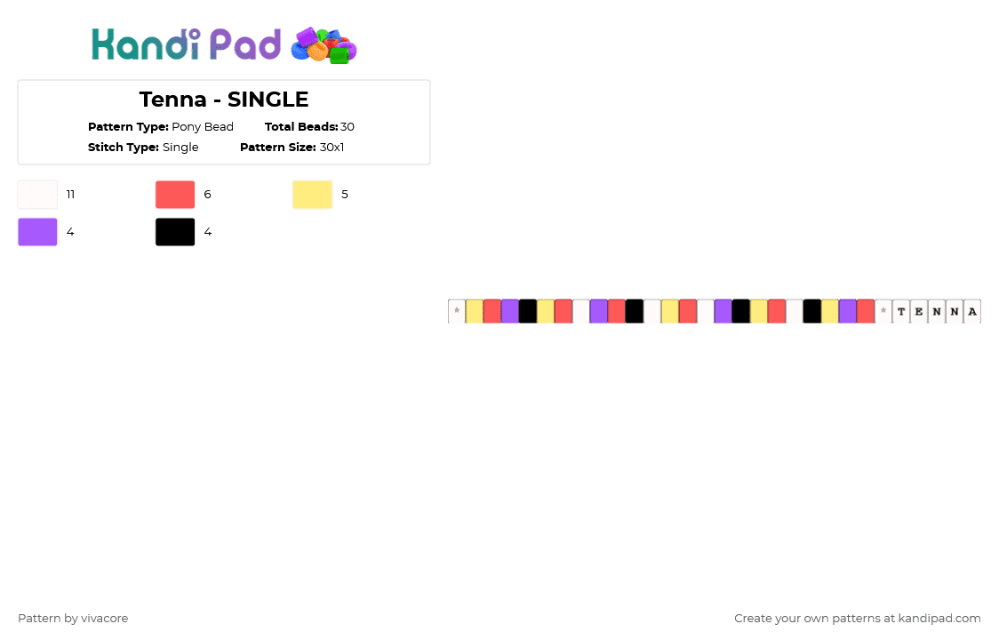 Tenna - SINGLE - Pony Bead Pattern by vivacore on Kandi Pad - red,yellow