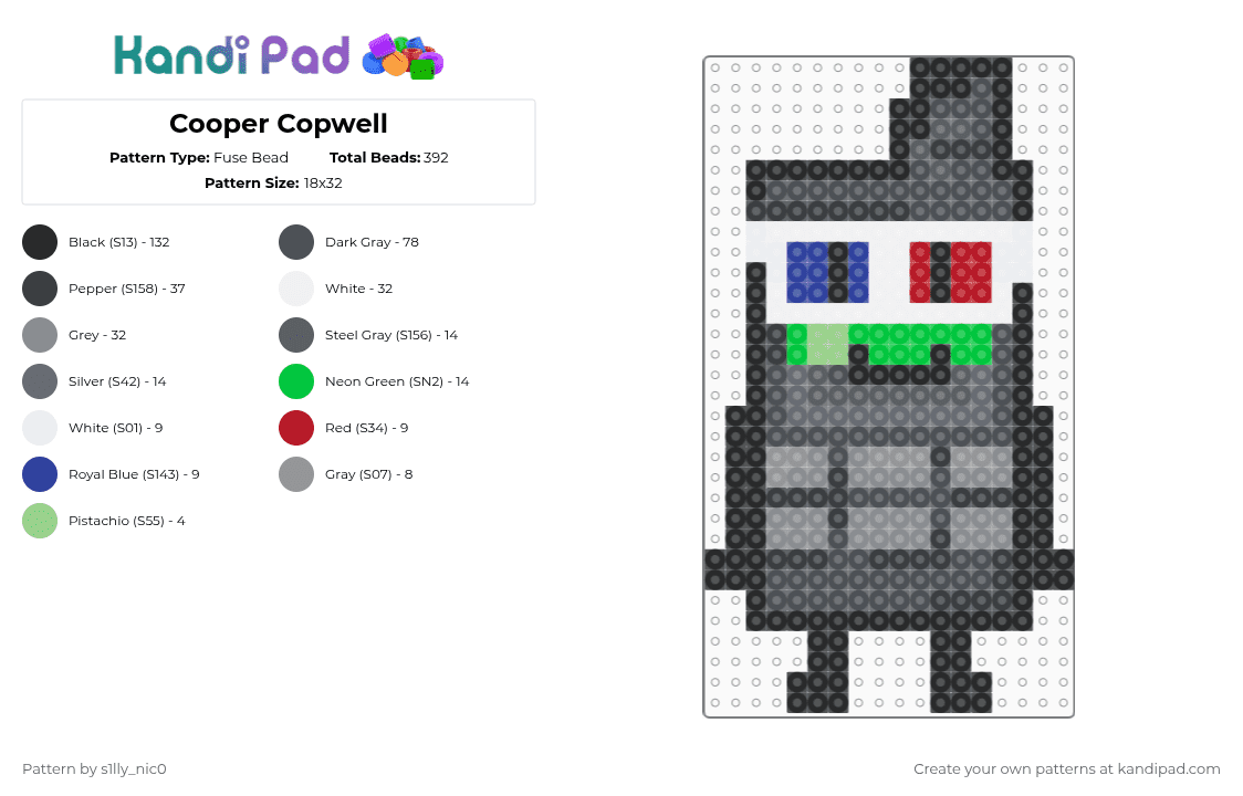 Cooper Copwell - Fuse Bead Pattern by s1lly_nic0 on Kandi Pad - gray,tripwire,objectshow,cooper,kandi,perlerbeads,bfdi,bfb