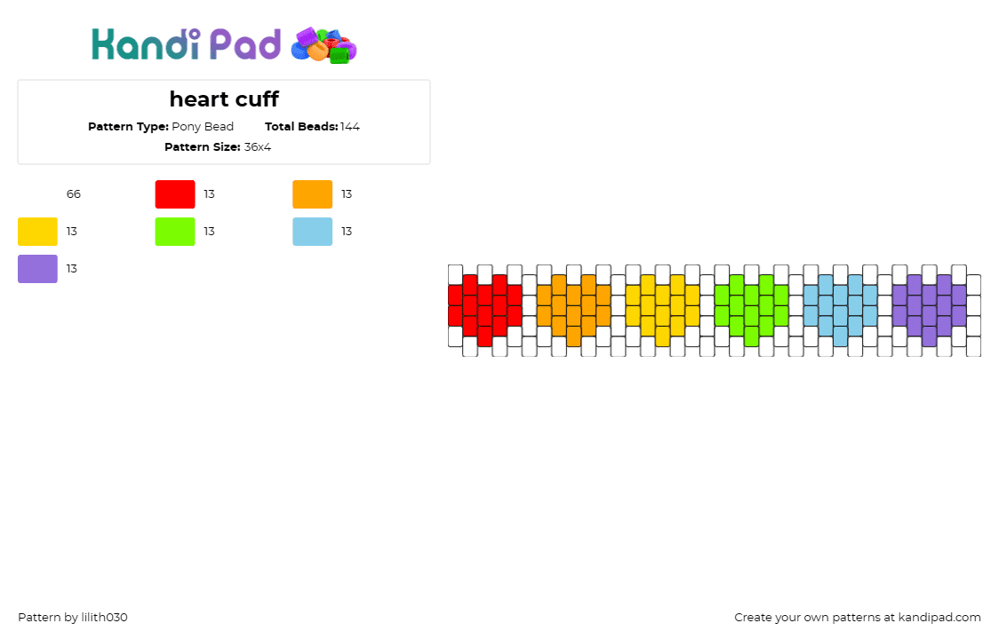 heart cuff - Pony Bead Pattern by lilith030 on Kandi Pad - hearts,rainbow,cuff,red,orange,yellow,green,blue,purple,affection