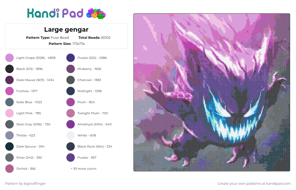 Large gengar - Fuse Bead Pattern by bgoodfinger on Kandi Pad - gray, pink, purple
