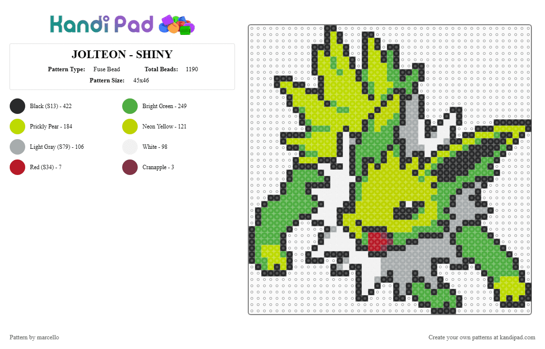 JOLTEON - SHINY - Fuse Bead Pattern by marcello on Kandi Pad - eevee, eeveelutions, electric type, green, jolteon, pokemon, shiny