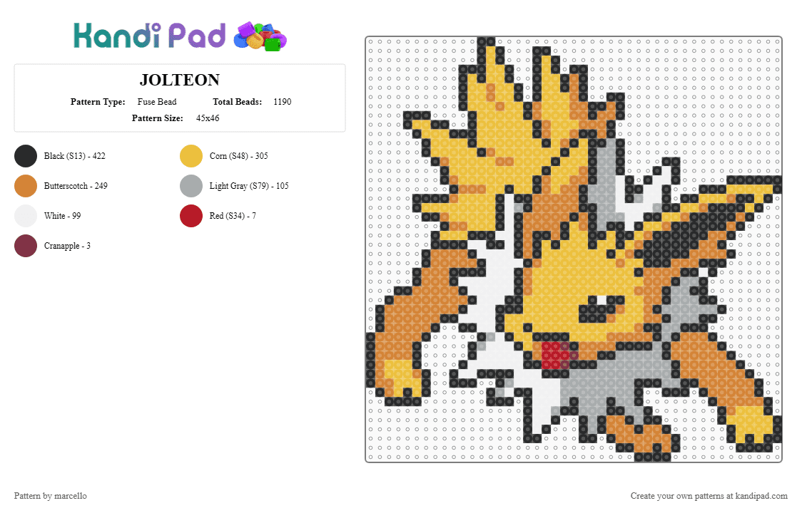 JOLTEON - Fuse Bead Pattern by marcello on Kandi Pad - orange,yellow,pokemon,eevee,jolteon,electric type,eeveelution