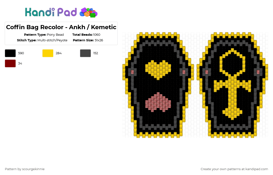 Coffin Bag Recolor - Ankh / Kemetic - Pony Bead Pattern by scourgekinnie on Kandi Pad - black,yellow,ankh,coffin,bag,recolor,gold,red