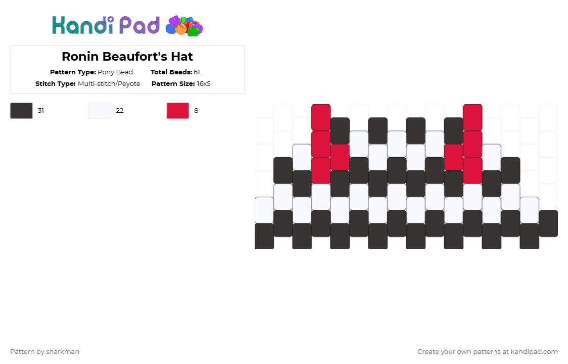 Ronin Beaufort\'s Hat - Pony Bead Pattern by sharkman on Kandi Pad - white,red,killerchat,ronin