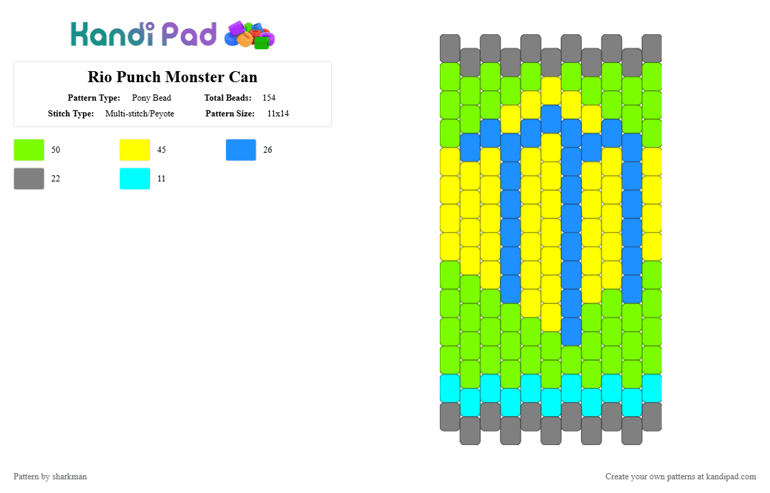 Rio Punch Monster Can - Pony Bead Pattern by sharkman on Kandi Pad - light blue,yellow,green,monster,can,monstercan,riopunch,rio