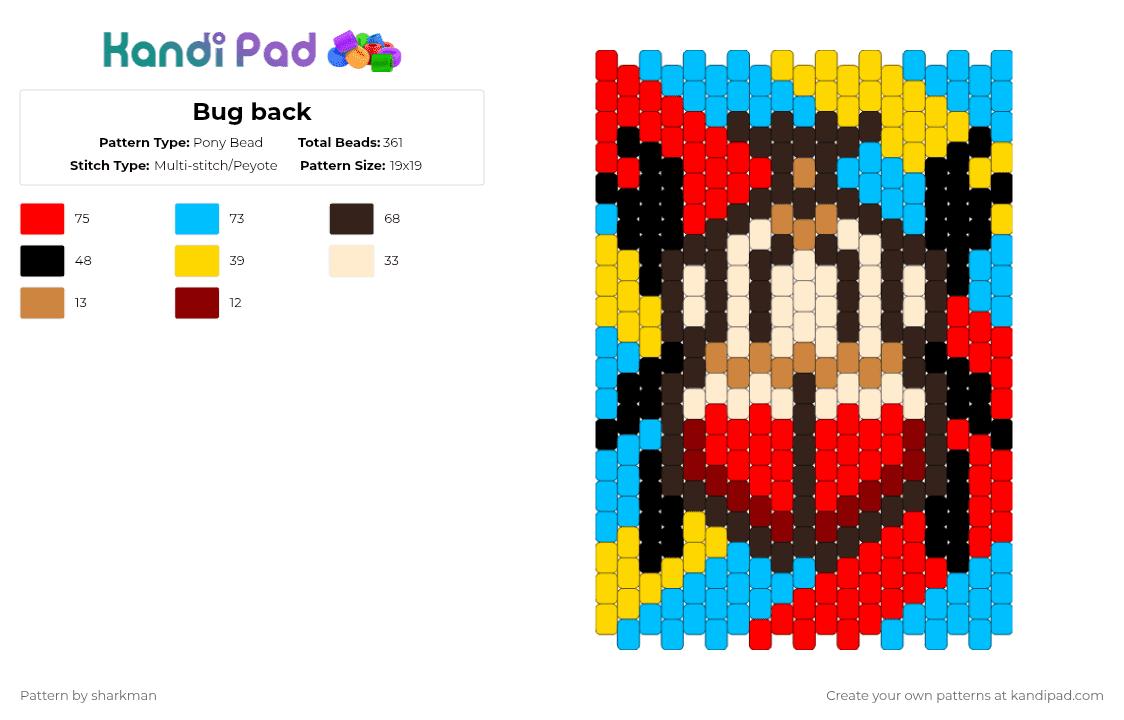 Bug back - Pony Bead Pattern by sharkman on Kandi Pad - red,light blue,brown