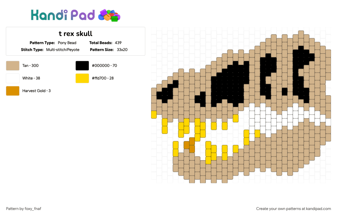 t rex skull - Pony Bead Pattern by foxy_fnaf on Kandi Pad - animal, beige, cotddinosaurs, dino, dinosaur, head, skeleton, skull, t rex