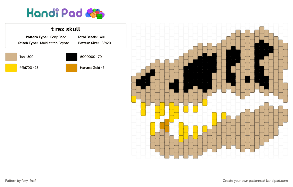 t rex skull - Pony Bead Pattern by foxy_fnaf on Kandi Pad - animal, beige, cute, dino, dinosaur, head, skeleton, skull, t rex