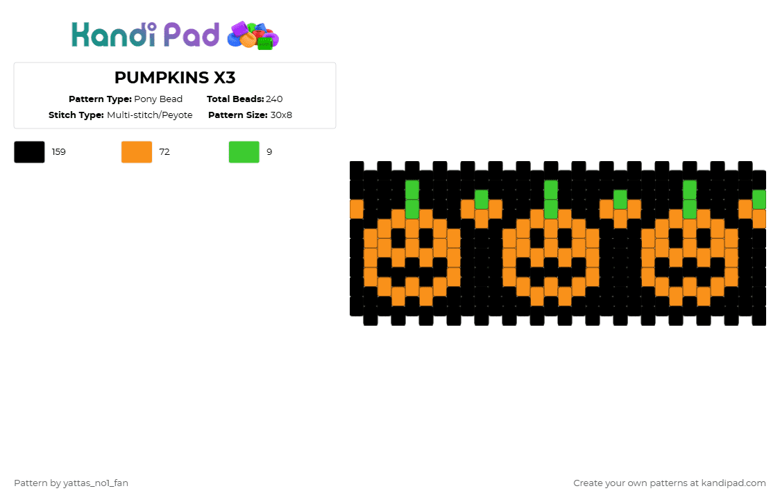 PUMPKINS X3 - Pony Bead Pattern by gourdys_no1_fan on Kandi Pad - black,orange