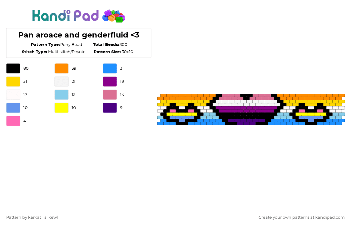 Pan aroace and genderfluid - Pony Bead Pattern by karkat_is_kewl on Kandi Pad - pink,light blue,yellow,orange,pride,lgbtq,aroace,genderfluid,pansexual,peyote,cute,fun