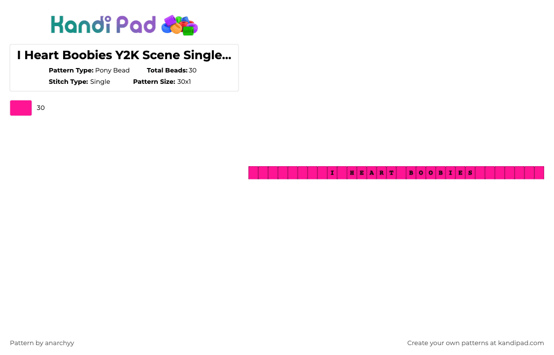 I Heart Boobies Y2K Scene Single Kandi Bracelet - Pony Bead Pattern by anarchyy on Kandi Pad - pink,y2k,i heart boobies,scene,scenecore,single,kandi,bracelet