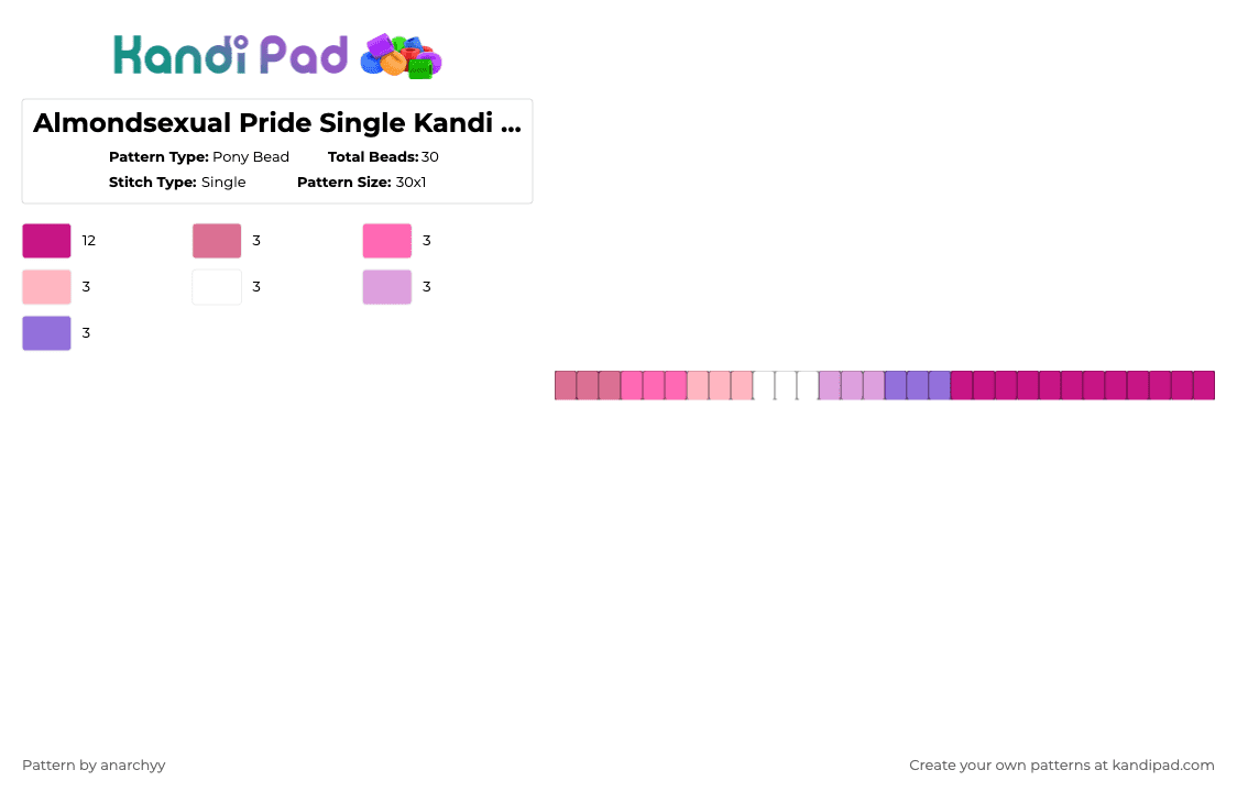 Almondsexual Pride Single Kandi Bracelet - Pony Bead Pattern by anarchyy on Kandi Pad - pink,almondsexual,pride,lgbt,lgbtq,lgbtqia,single,kandi,bracelet