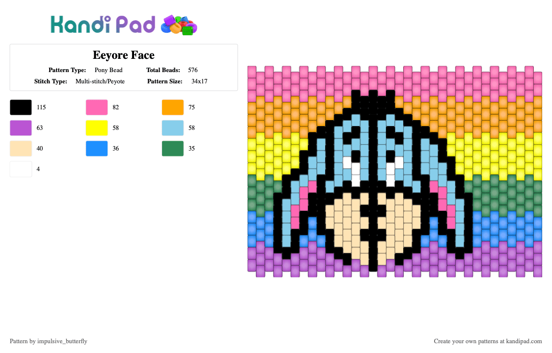 Eeyore Face - Pony Bead Pattern by impulsive_butterfly on Kandi Pad - pink,orange,light blue,eeyore,cuff,glow,rainbow