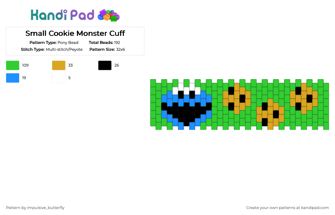 Small Cookie Monster Cuff - Pony Bead Pattern by impulsive_butterfly on Kandi Pad - green,cuff,cookie,monster,cookie monster