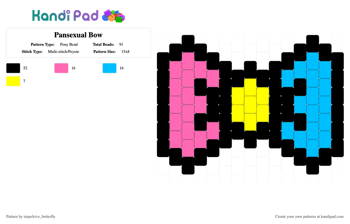 Pansexual Bow - Pony Bead Pattern by impulsive_butterfly on Kandi Pad - black,pink,light blue,pride,rainbow,pansexual