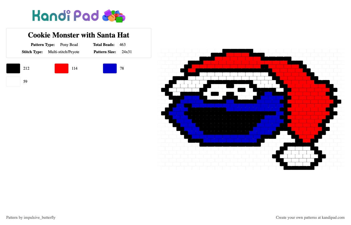 Cookie Monster with Santa Hat - Pony Bead Pattern by impulsive_butterfly on Kandi Pad - purple,red,cookie monster,santa hat,santa,hat,christmas