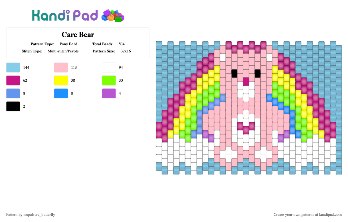 Care Bear - Pony Bead Pattern by impulsive_butterfly on Kandi Pad - light blue,pink,care bear,bears,bear,rainbow,glow,pearl