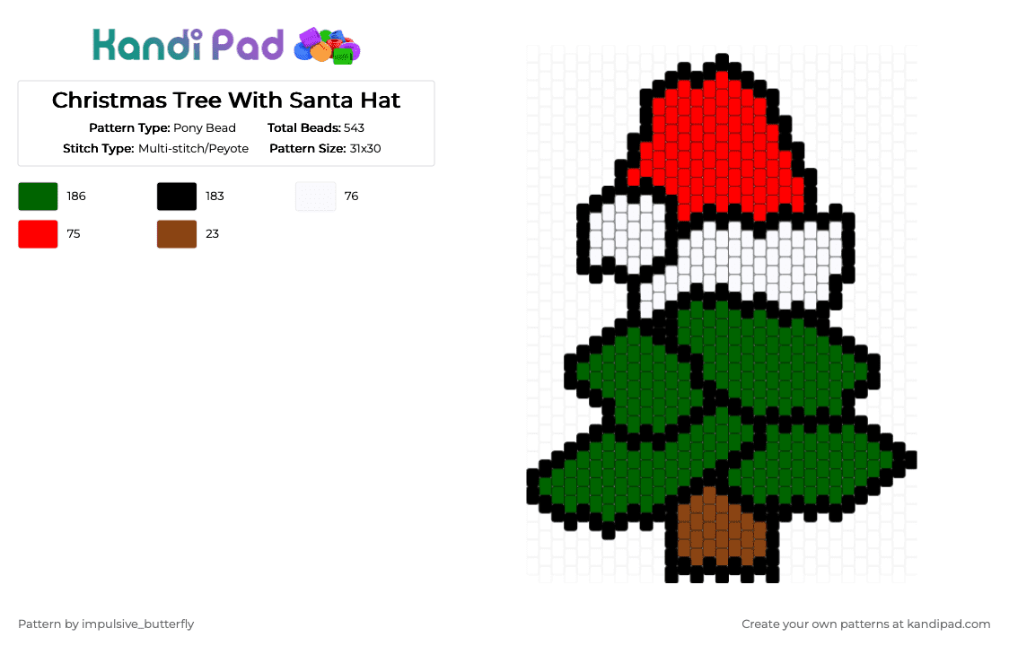 Christmas Tree With Santa Hat - Pony Bead Pattern by impulsive_butterfly on Kandi Pad - red,green,santa hat,hat,christmas
