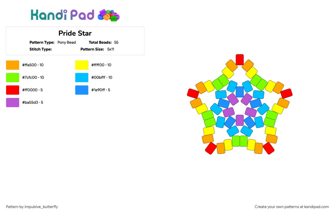 Pride Star - Pony Bead Pattern by impulsive_butterfly on Kandi Pad - green, light blue, orange, pride, yellow