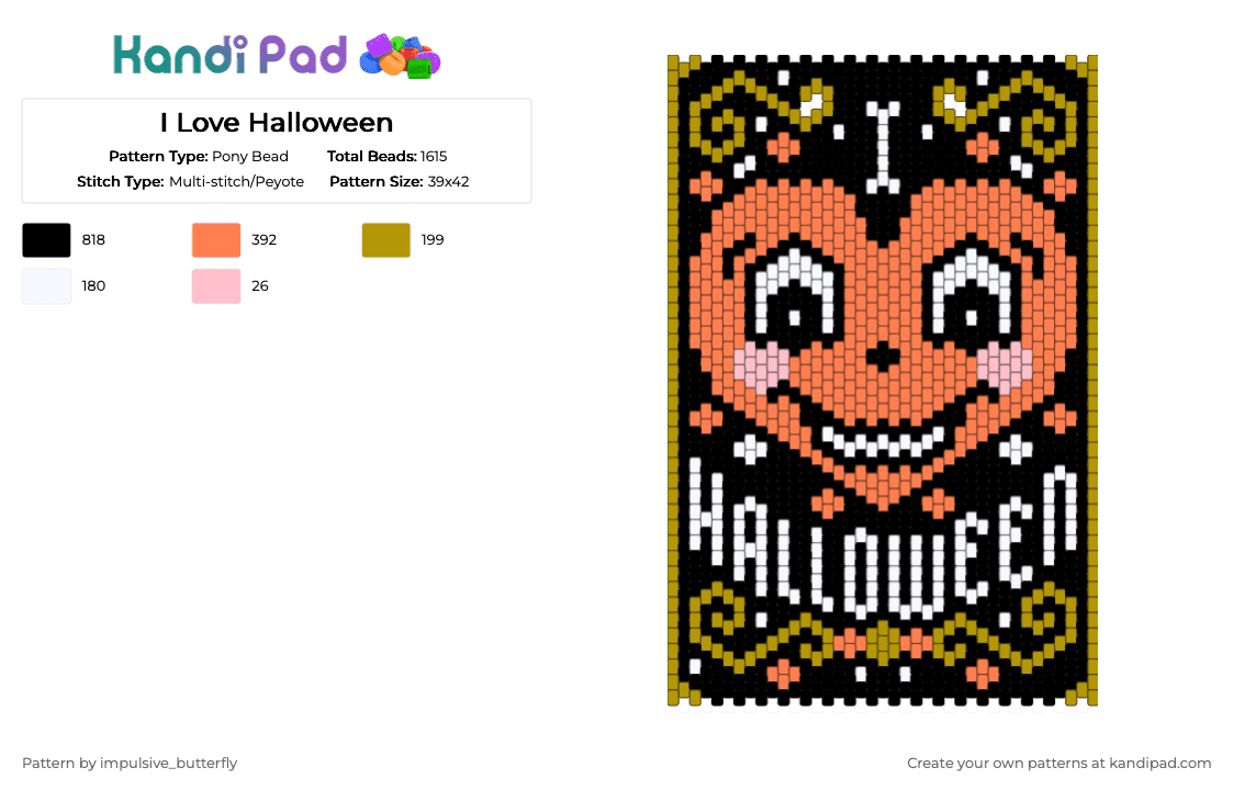 I Love Halloween - Pony Bead Pattern by impulsive_butterfly on Kandi Pad - black,gold,orange,heart,halloween,love,spooky