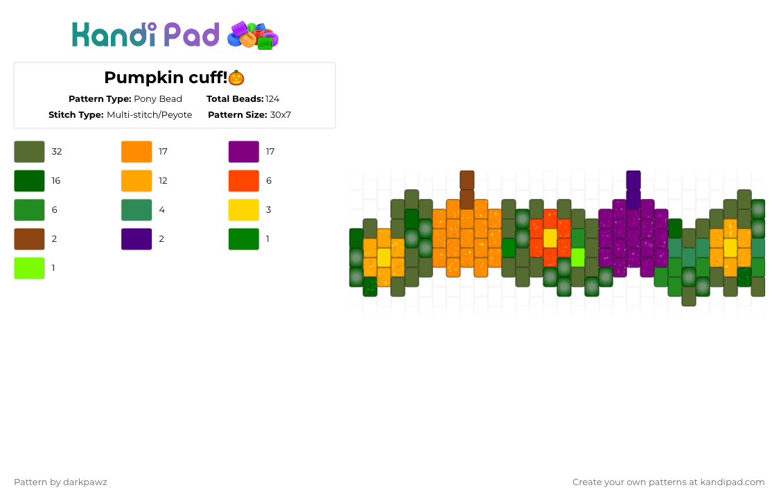 Pumpkin cuff!🎃 - Pony Bead Pattern by deleted_user_601198 on Kandi Pad - green,orange,gold,pink,cotdhalloween2025,pumpkin,cute,idea,candy,kandi
