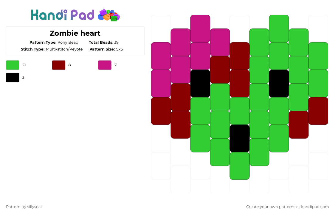 Zombie heart - Pony Bead Pattern by teacup453 on Kandi Pad - green,zombie,spooky,heart
