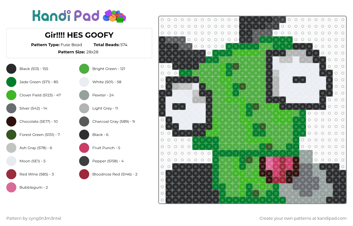 Gir!!!! HES GOOFY - Fuse Bead Pattern by m4xw3ll on Kandi Pad - green,gray