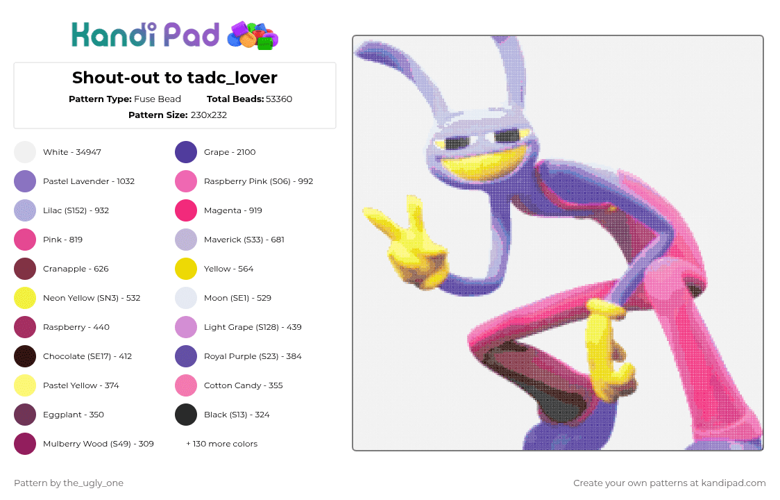 Shout-out to tadc_lover - Fuse Bead Pattern by the_ugly_one on Kandi Pad - white,pink,purple,yellow,colorful