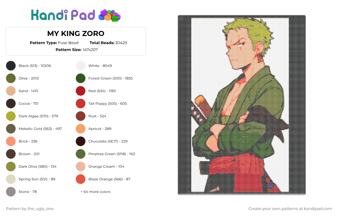 MY KING ZORO - Fuse Bead Pattern by the_ugly_one on Kandi Pad - white,gold,brown,colorful