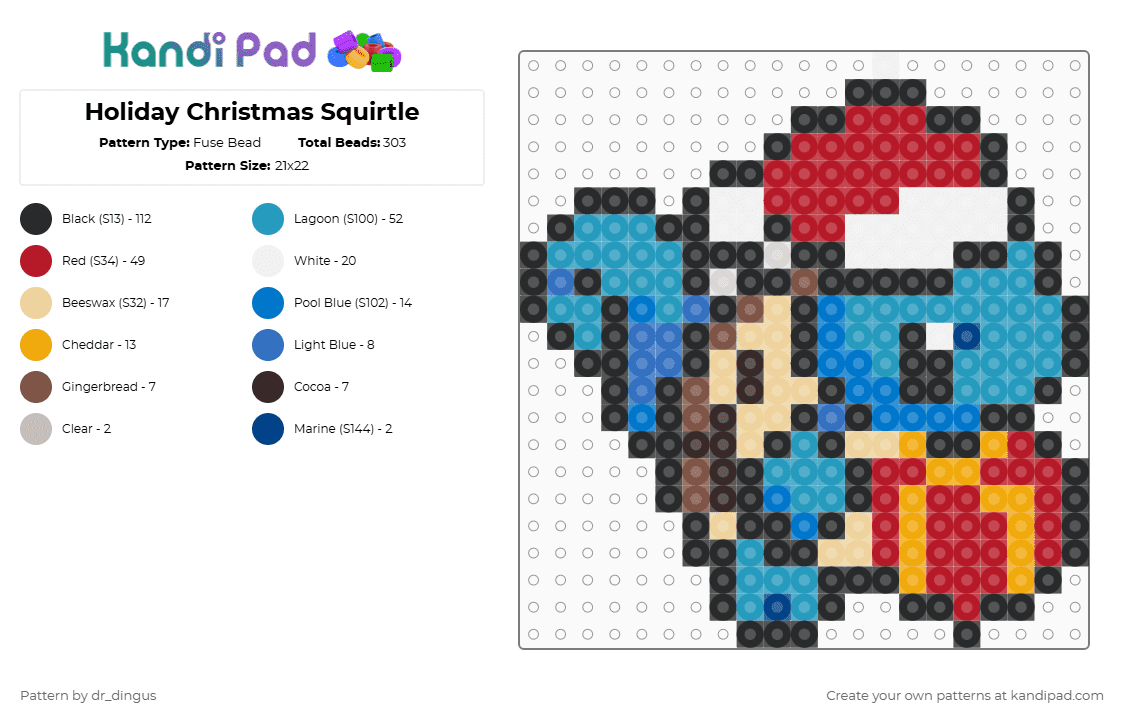 Holiday Christmas Squirtle - Fuse Bead Pattern by dr_dingus on Kandi Pad - red,blue,light blue,pokemon,squirtle,turtle,holiday,christmas