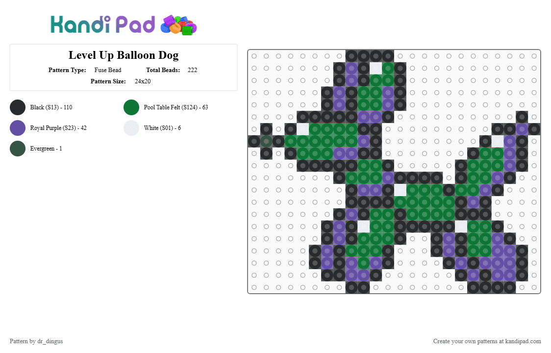 Level Up Balloon Dog - Fuse Bead Pattern by dr_dingus on Kandi Pad - black,green,purple,level up,level,up,dog,balloon,animal,balloon animal,balloon dog