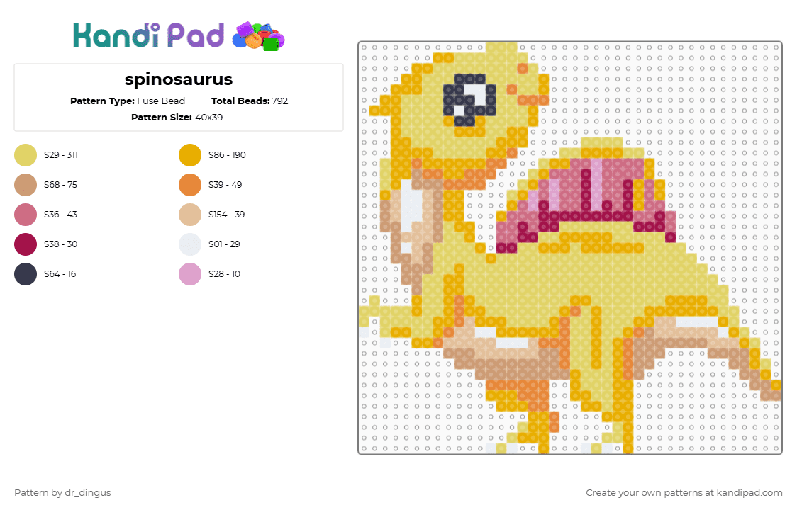 spinosaurus - Fuse Bead Pattern by dr_dingus on Kandi Pad - animal,cartoon,yellow,orange,spinosaurus,dinosaur,dino