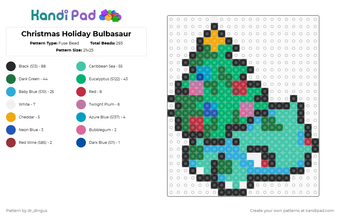 Christmas Holiday Bulbasaur - Fuse Bead Pattern by dr_dingus on Kandi Pad - green,light blue,teal,bulbasaur,christmas,holiday,christmas tree,tree,pokemon