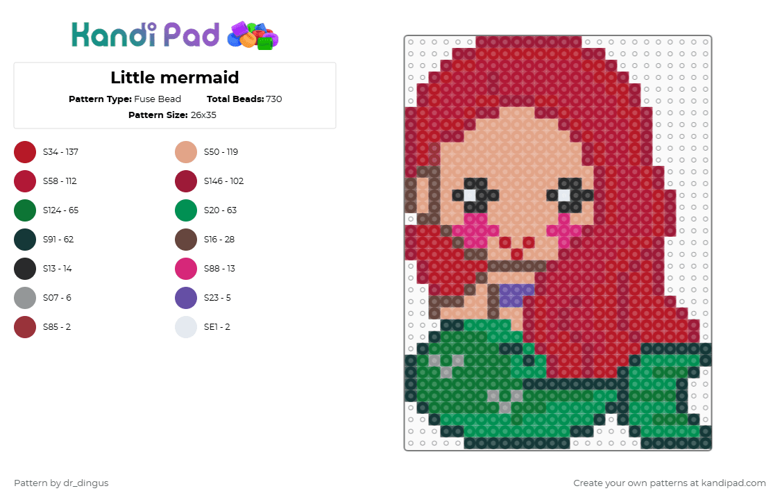 Little mermaid - Fuse Bead Pattern by dr_dingus on Kandi Pad - red,green,beige,cotdscaly,ariel,little mermaid,mermaid,disney,scales,ocean