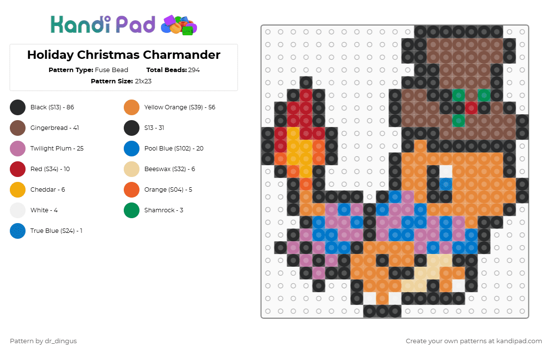 Holiday Christmas Charmander - Fuse Bead Pattern by dr_dingus on Kandi Pad - tan,orange,pink,charmander,pokemon,fire,holiday,christmas