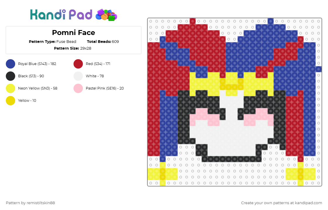 Pomni Face - Fuse Bead Pattern by dr_dingus on Kandi Pad - pomni, purple, red, smg4