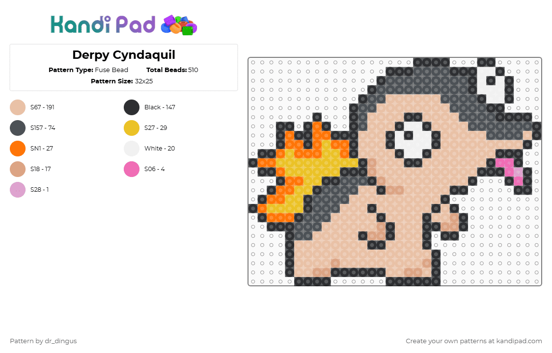 Derpy Cyndaquil - Fuse Bead Pattern by dr_dingus on Kandi Pad - beige,purple,pokemon,cyndaquil,fire type,fire