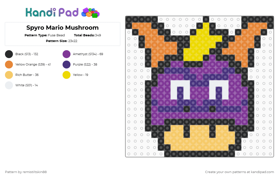 Spyro Mario Mushroom - Fuse Bead Pattern by dr_dingus on Kandi Pad - yellow,pink,spyro,mario,mushroom