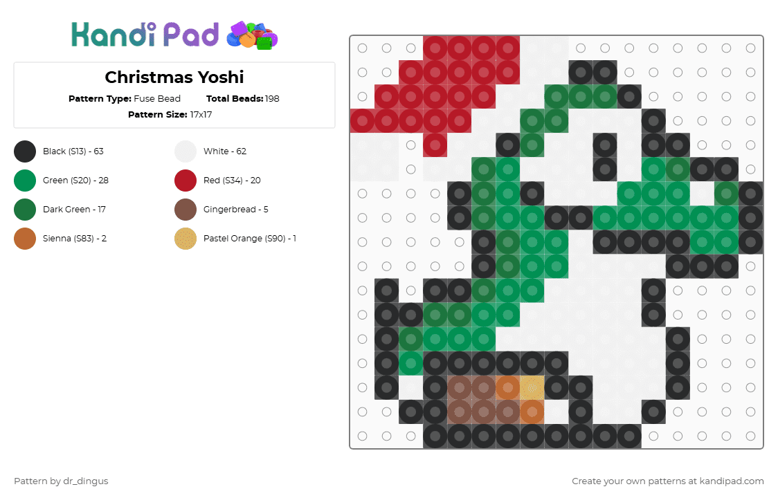 Christmas Yoshi - Fuse Bead Pattern by dr_dingus on Kandi Pad - white,red,green,yoshi,christmas,holiday,mario,ornament,luigi,nintendo