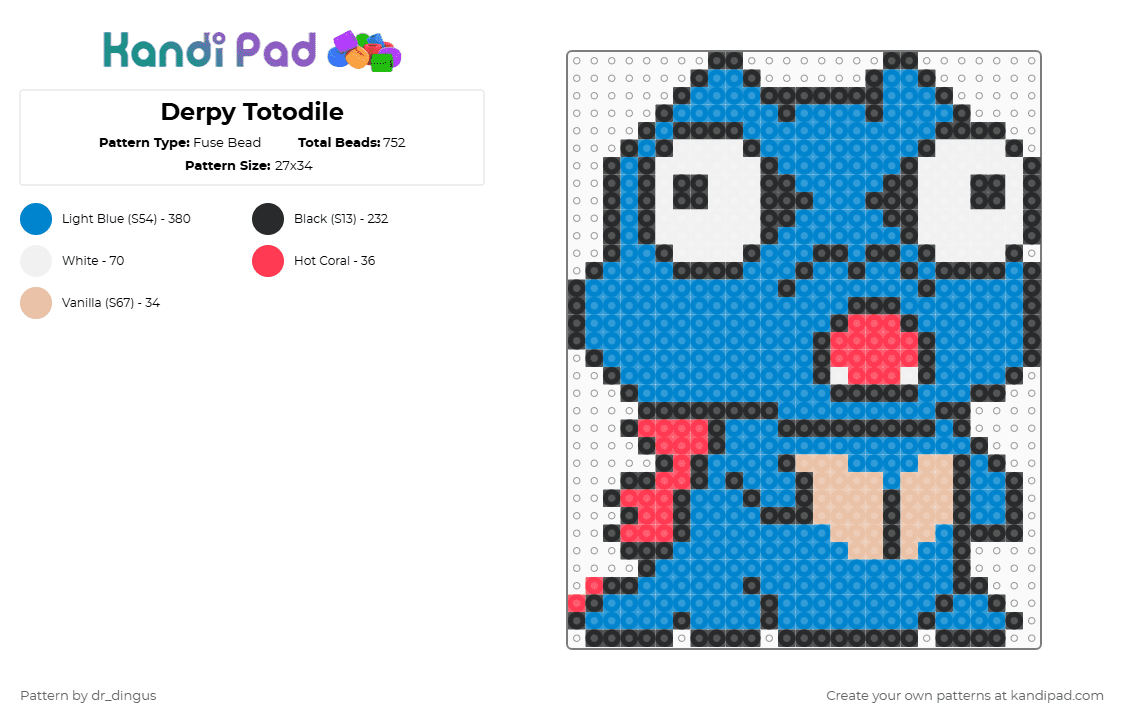 Derpy Totodile - Fuse Bead Pattern by dr_dingus on Kandi Pad - blue,pokemon,pokemon starter,starter,totodile