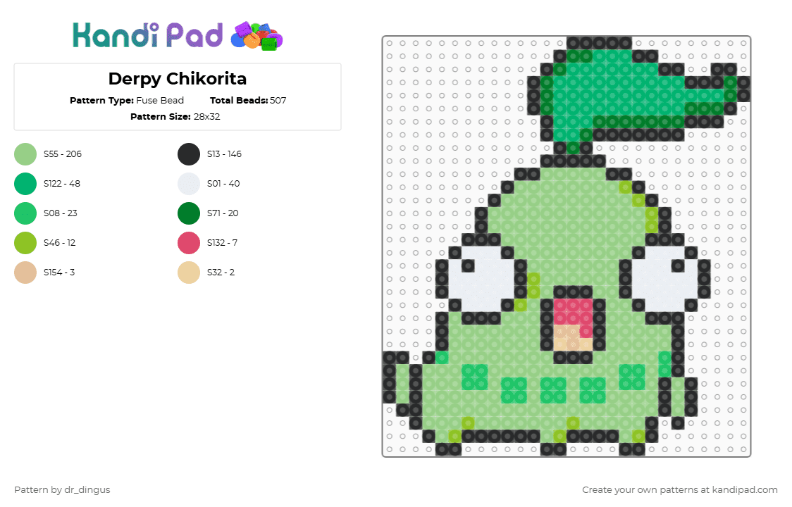 Derpy Chikorita - Fuse Bead Pattern by dr_dingus on Kandi Pad - teal,green,pokemon,nerdy,chikorita
