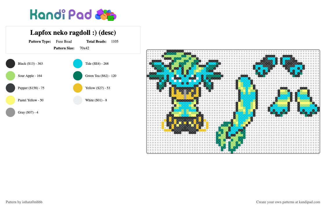 Lapfox neko ragdoll :) (desc) - Fuse Bead Pattern by isthatz0mbbb on Kandi Pad - light blue,green,neko,lapfox,halleylabs,ragdoll,lapfoxtrax,cyan,yellow,fish