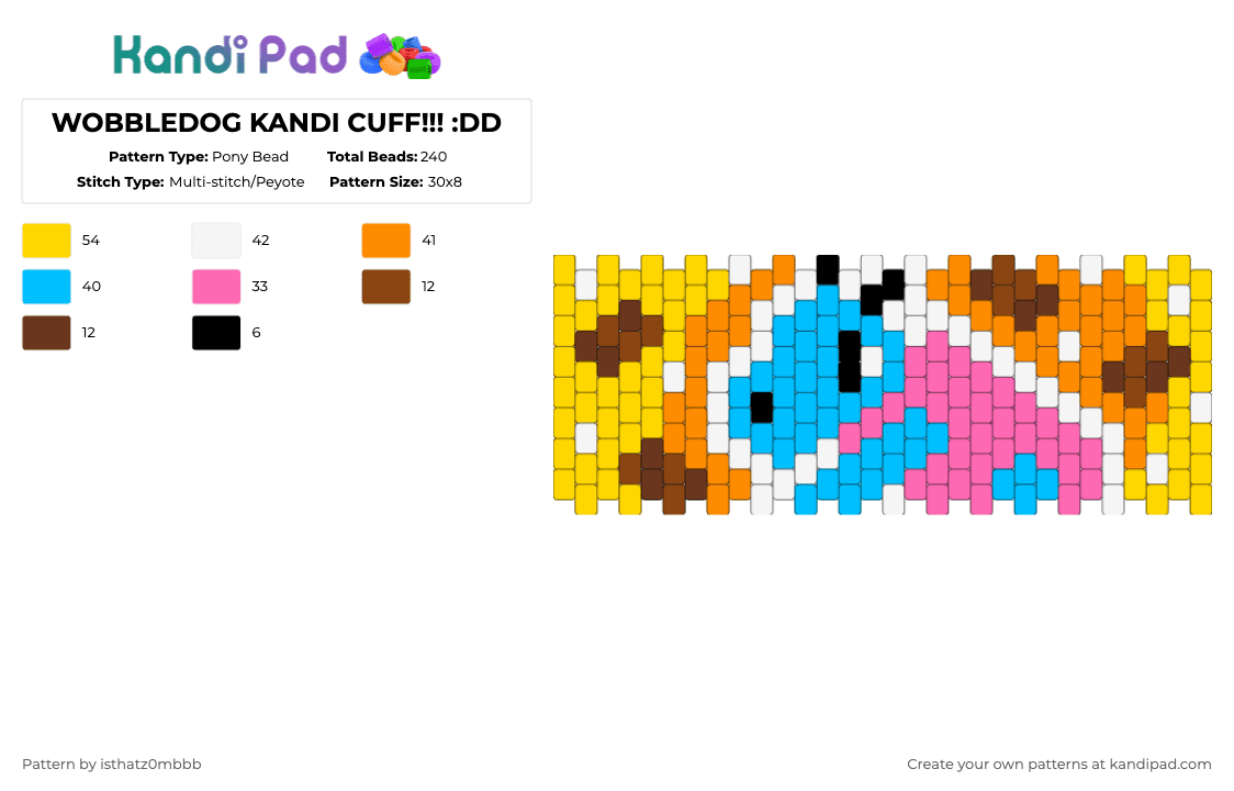 WOBBLEDOG KANDI CUFF!!! :DD - Pony Bead Pattern by isthatz0mbbb on Kandi Pad - light blue,pink,orange,yellow,wobbledogs,wobbledog,brown,dog,videogame,randy,blue