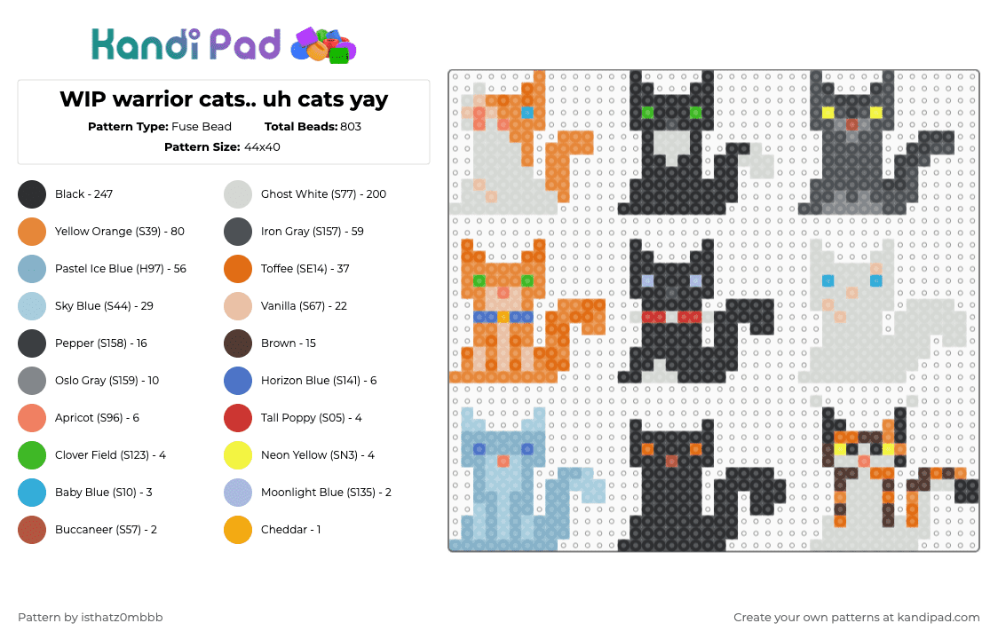warrior cats.. uh cats yay - Fuse Bead Pattern by isthatz0mbbb on Kandi Pad - white,light blue,purple,orange,cats,warriors,black,blue,firestar,bluestar
