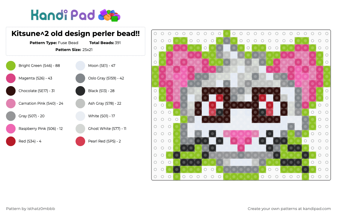 Kitsune^2 old design perler bead!! - Fuse Bead Pattern by isthatz0mbbb on Kandi Pad - pink,gray,green,kitsune2,lapfox,olddesign,lapfoxkitsune2,halleylabs