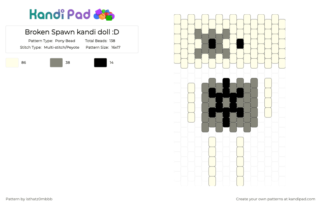 Broken Spawn kandi doll :D - Pony Bead Pattern by isthatz0mbbb on Kandi Pad - white,gray,doll,brokenspawn,black,roblox,lhg,lethimgo