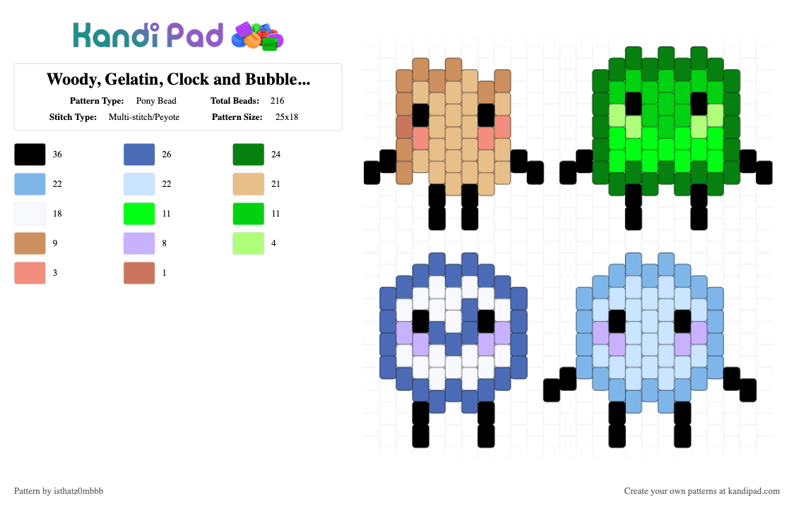 Woody, Gelatin, Clock and Bubble charms woah - Pony Bead Pattern by isthatz0mbbb on Kandi Pad - beige,blue,green,light blue,bfdi,charm,woody,gelatin,clock,bubble